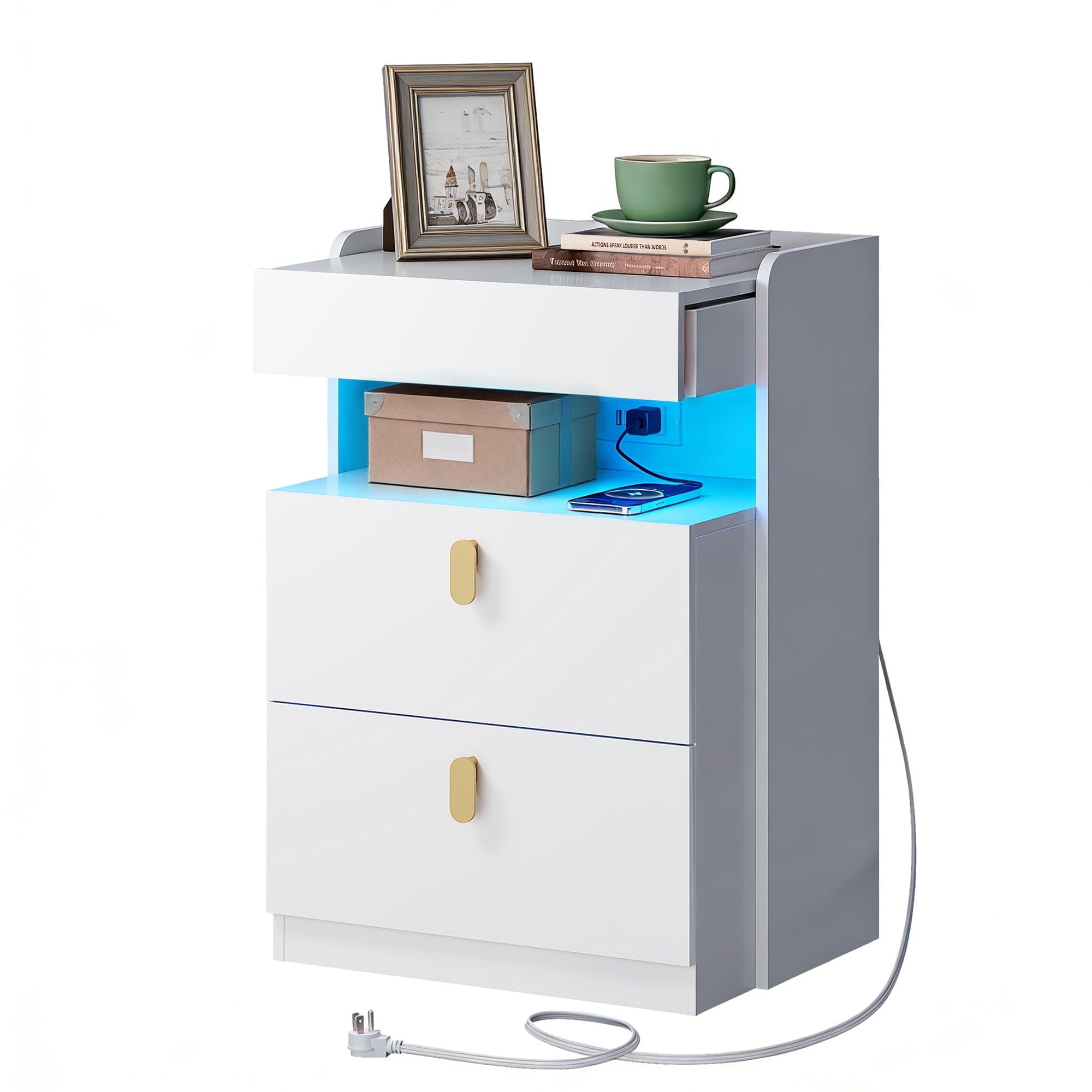 GALAXHERO 2 Drawer Nightstand with Charging Station and LED Lights, Modern Bedside Tables with Sliding Top for Bedroom, Wood End Table for Living Room