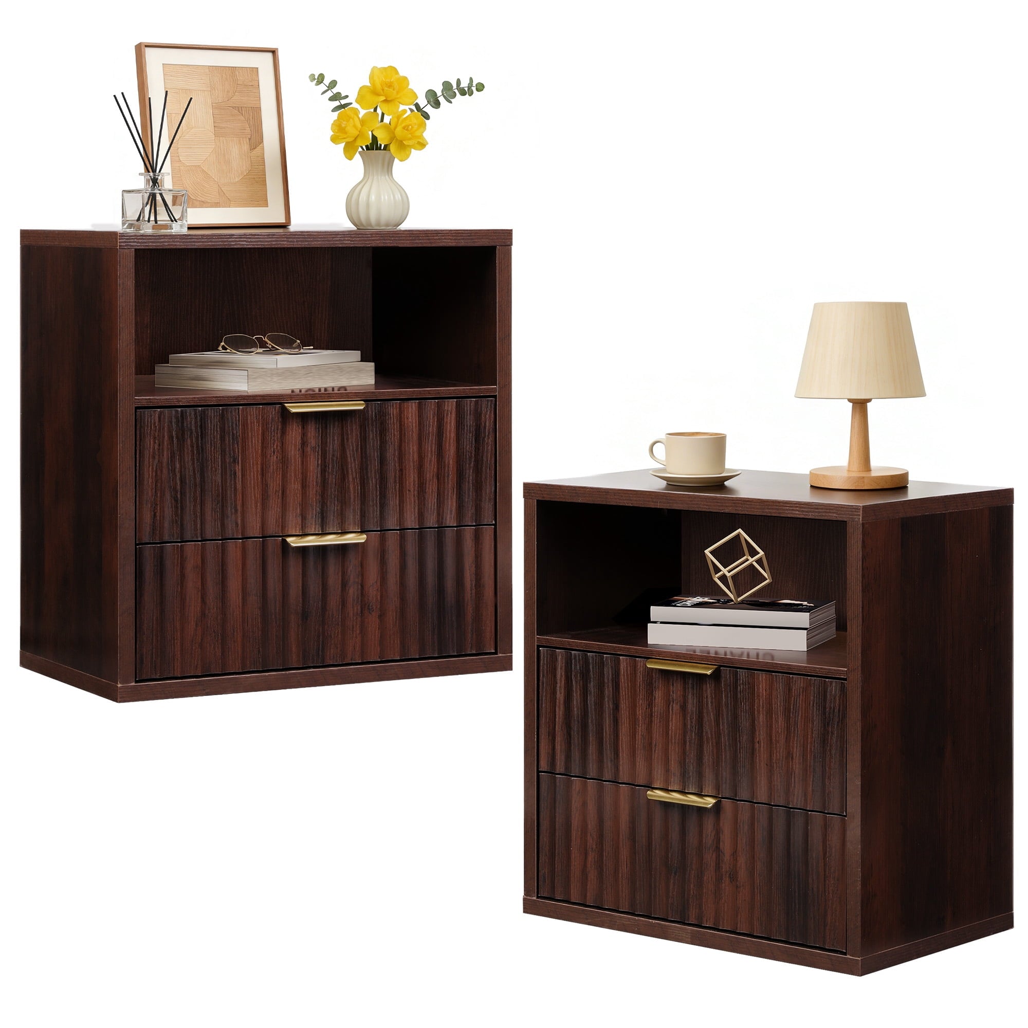 GALAXHERO 2 Drawer Nightstands Set of 2, Wood Fluted End Table with Open Shelf, Mid Century Modern Bedside Tables for Bedroom, Living Room, Espresso