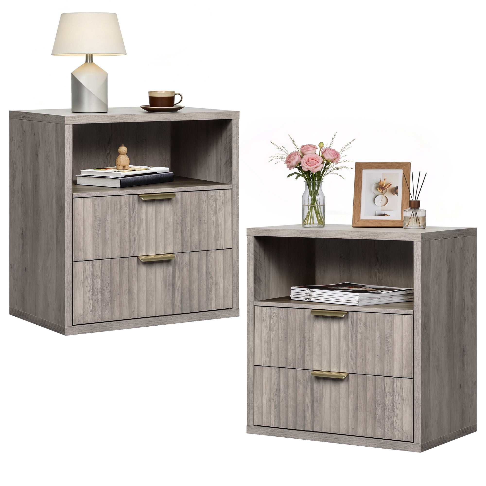 GALAXHERO 2 Drawer Nightstands Set of 2, Wood Fluted End Table with Open Shelf, Mid Century Modern Bedside Tables for Bedroom, Living Room