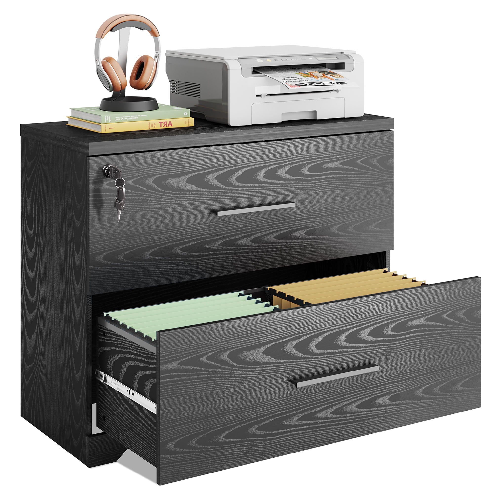 GALAXHERO 2-Drawer Wood Lateral File Cabinet with Lock for Home Office, Black