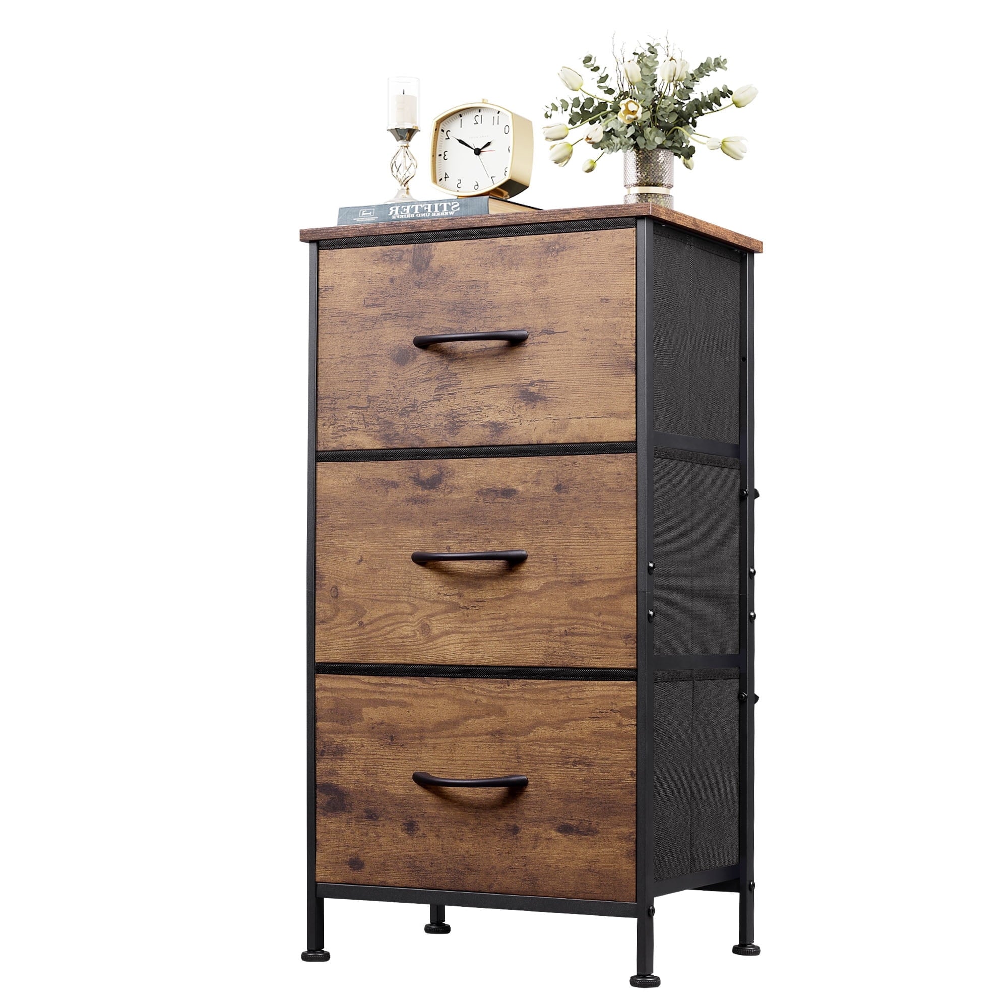 GALAXHERO 3 Drawer Nightstand, Fabric Storage Dresser Sturdy Steel Frame with Wood Top
