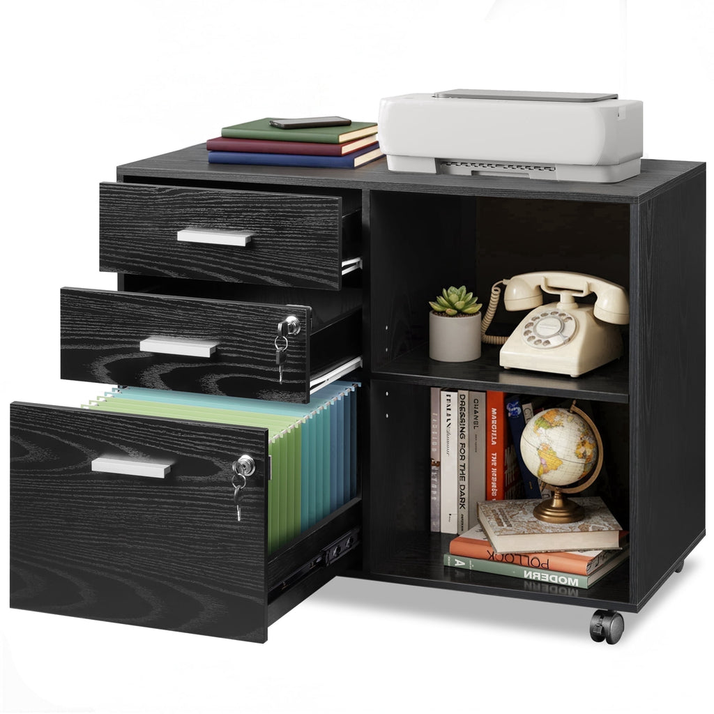GALAXHERO 3-Drawer File Cabinet with Lock and Key, Mobile Wood Lateral Filing Cabinet & Printer Stand with Open Shelves for Home Office