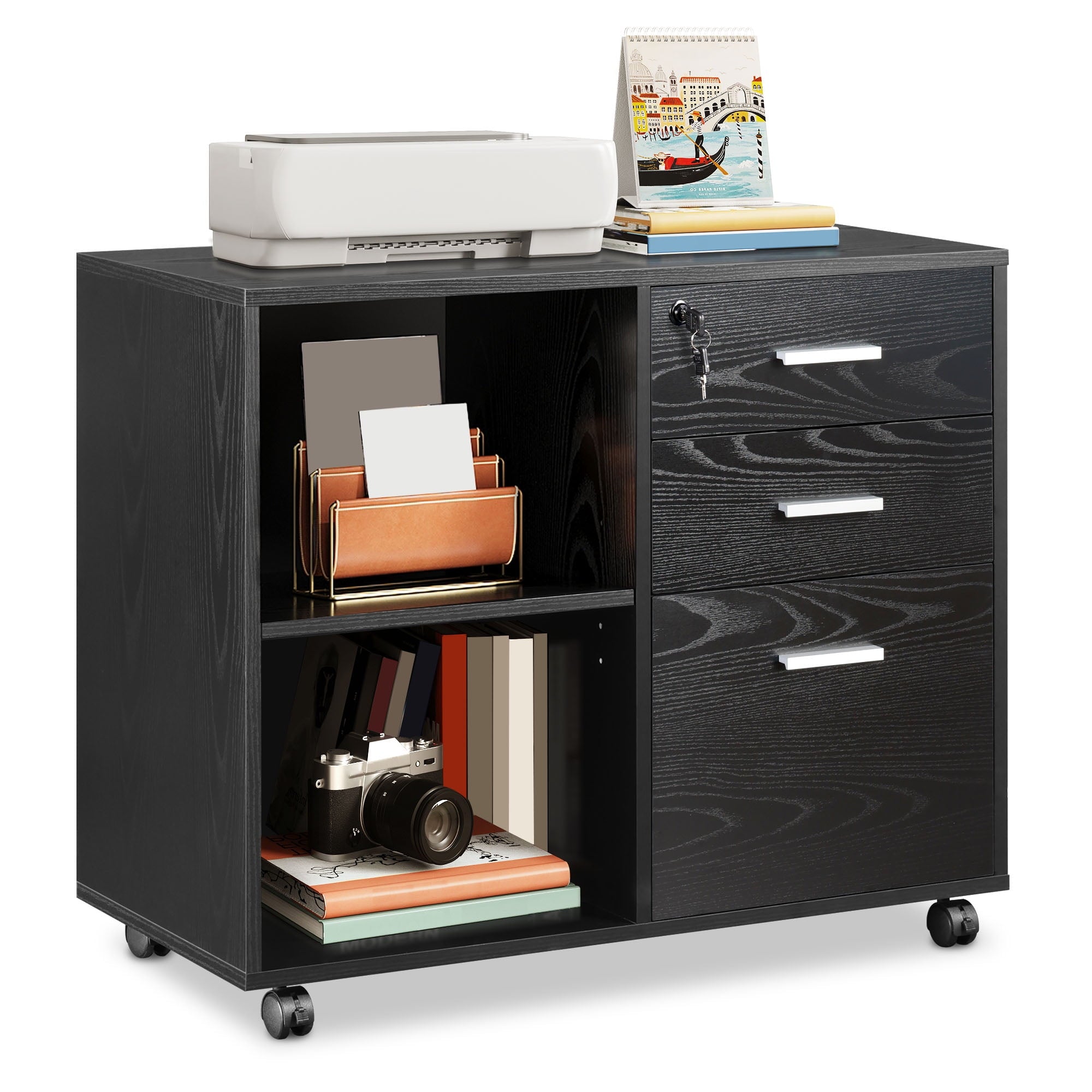 GALAXHERO 3-Drawer Locking File Cabinet, Mobile Lateral Filing Cabinet, Printer Stand with Open Storage Shelves for Home Office, Black