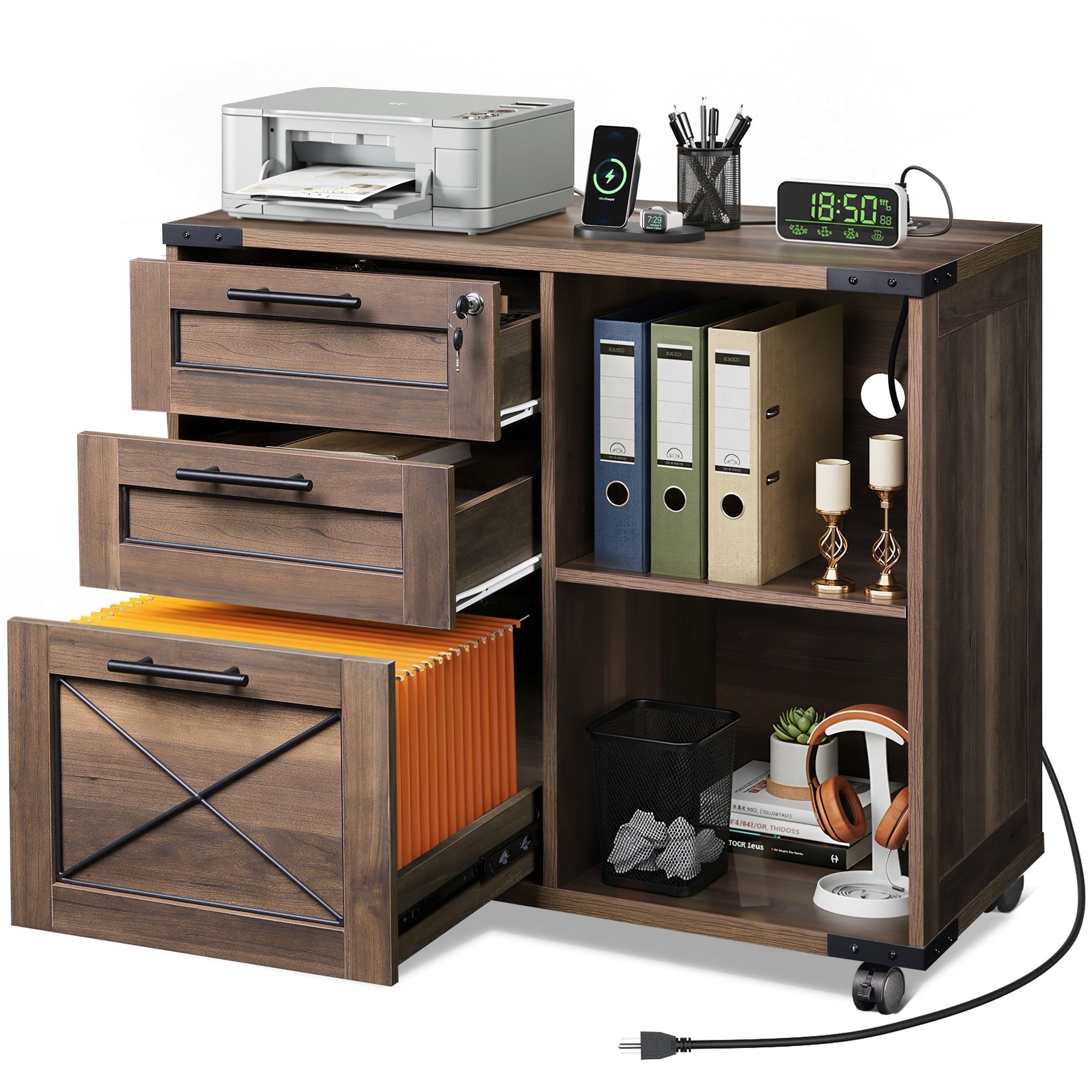 GALAXHERO 3-Drawer Locking File Cabinet, Wood Filing Cabinets with Charging Station, Rolling Printer Stand for Home Office, Dark Walnut