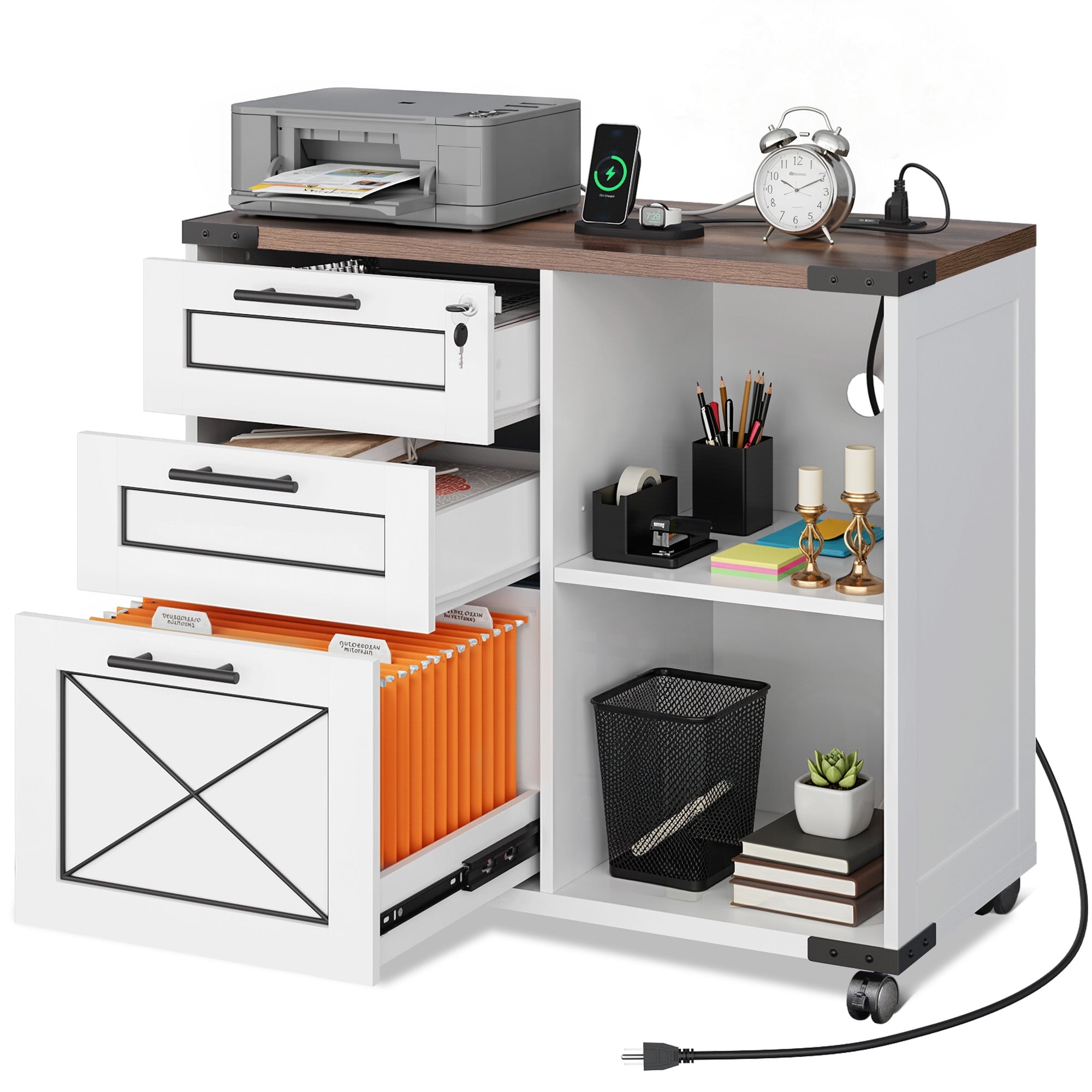 GALAXHERO 3-Drawer Locking File Cabinet, Wood Filing Cabinets with Charging Station, Rolling Printer Stand for Home Office, Dark Walnut