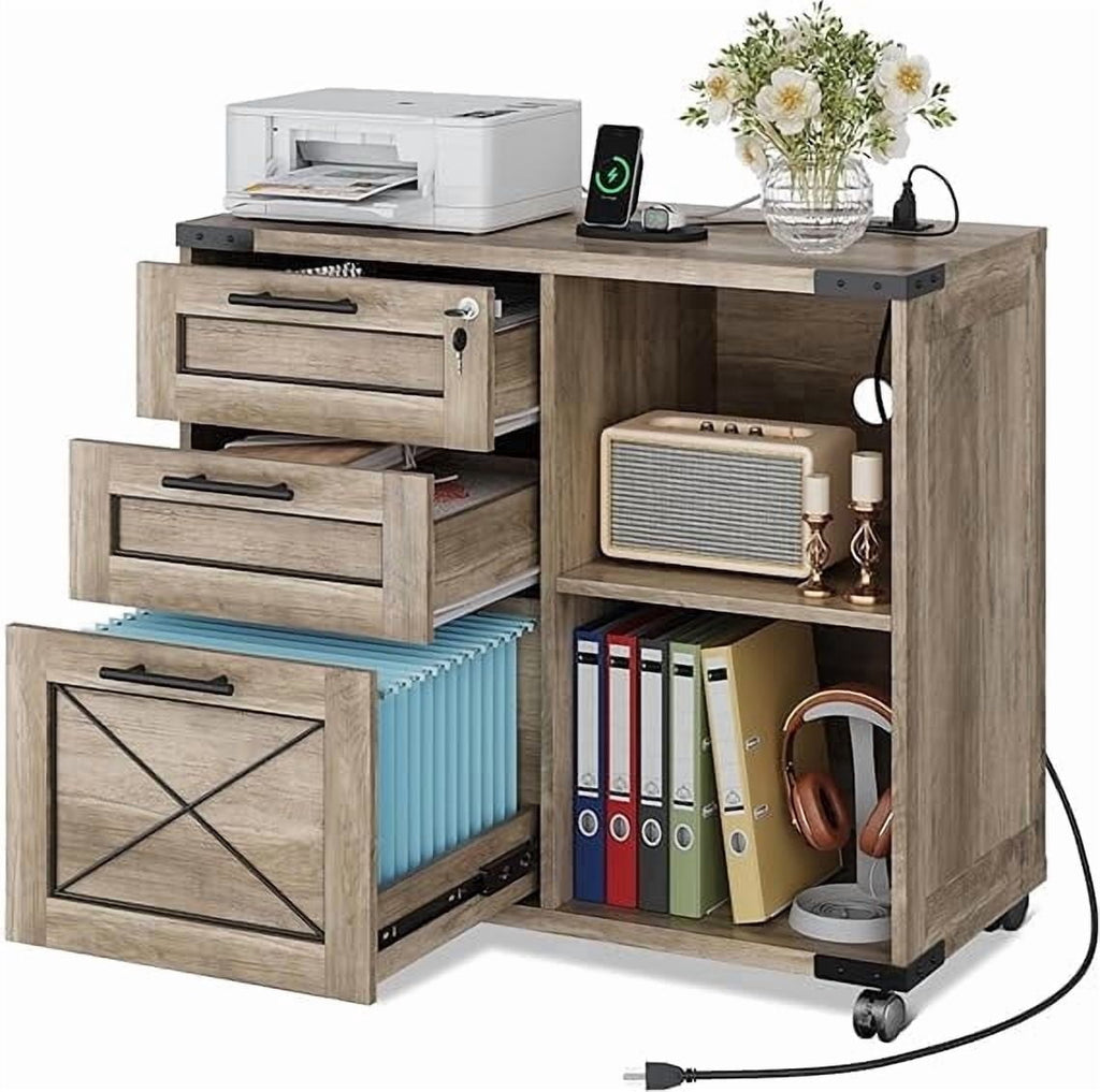 GALAXHERO 3-Drawer Locking File Cabinet, Wood Filing Cabinets with Charging Station, Rolling Printer Stand for Home Office