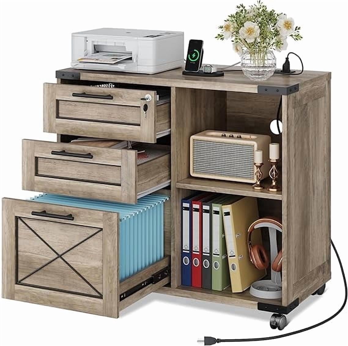 GALAXHERO 3-Drawer Locking File Cabinet, Wood Filing Cabinets with Charging Station, Rolling Printer Stand for Home Office