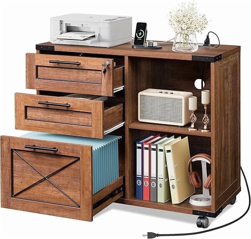 GALAXHERO 3-Drawer Locking File Cabinet, Wood Filing Cabinets with Charging Station, Rolling Printer Stand for Home Office