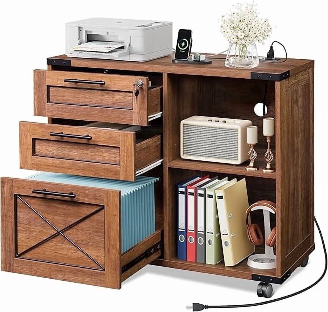 GALAXHERO 3-Drawer Locking File Cabinet, Wood Filing Cabinets with Charging Station, Rolling Printer Stand for Home Office
