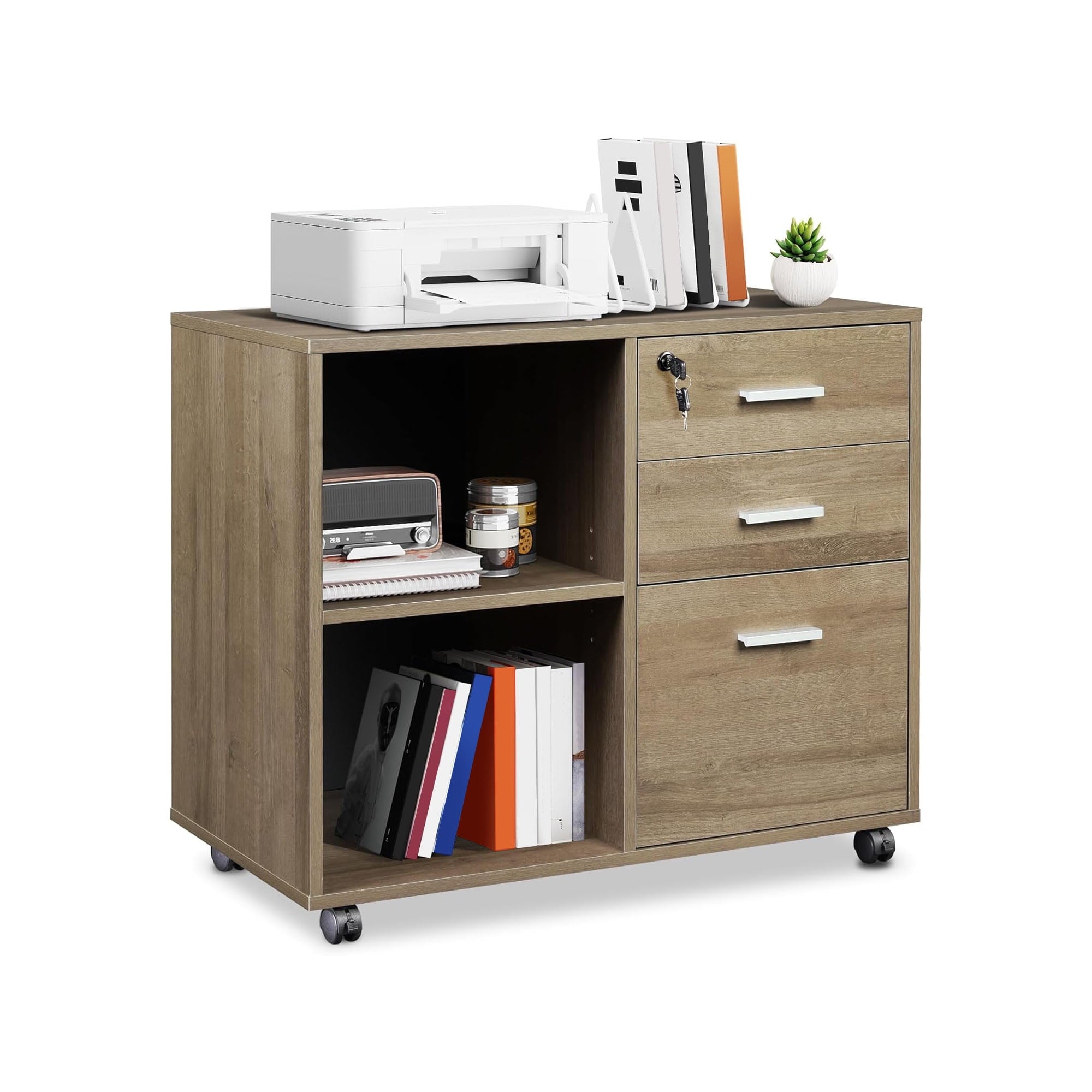 GALAXHERO 3-Drawer Locking File Cabinet, Mobile Lateral Filing Cabinet, Printer Stand with Open Storage Shelves for Home Office, Black