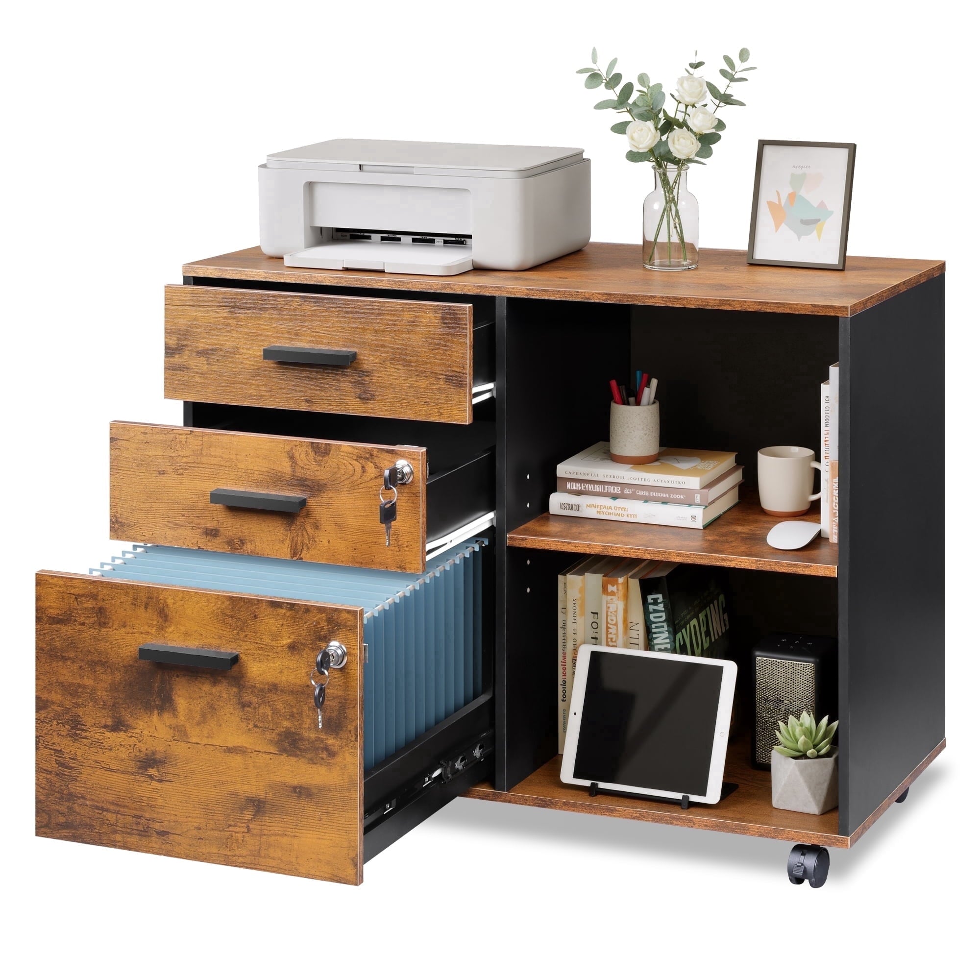 GALAXHERO 3-Drawer File Cabinet with Lock and Key, Mobile Wood Lateral Filing Cabinet & Printer Stand with Open Shelves for Home Office