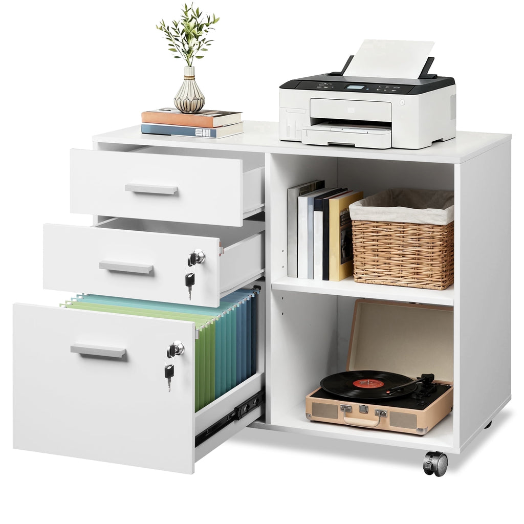 GALAXHERO 3-Drawer File Cabinet with Lock and Key, Mobile Wood Lateral Filing Cabinet & Printer Stand with Open Shelves for Home Office