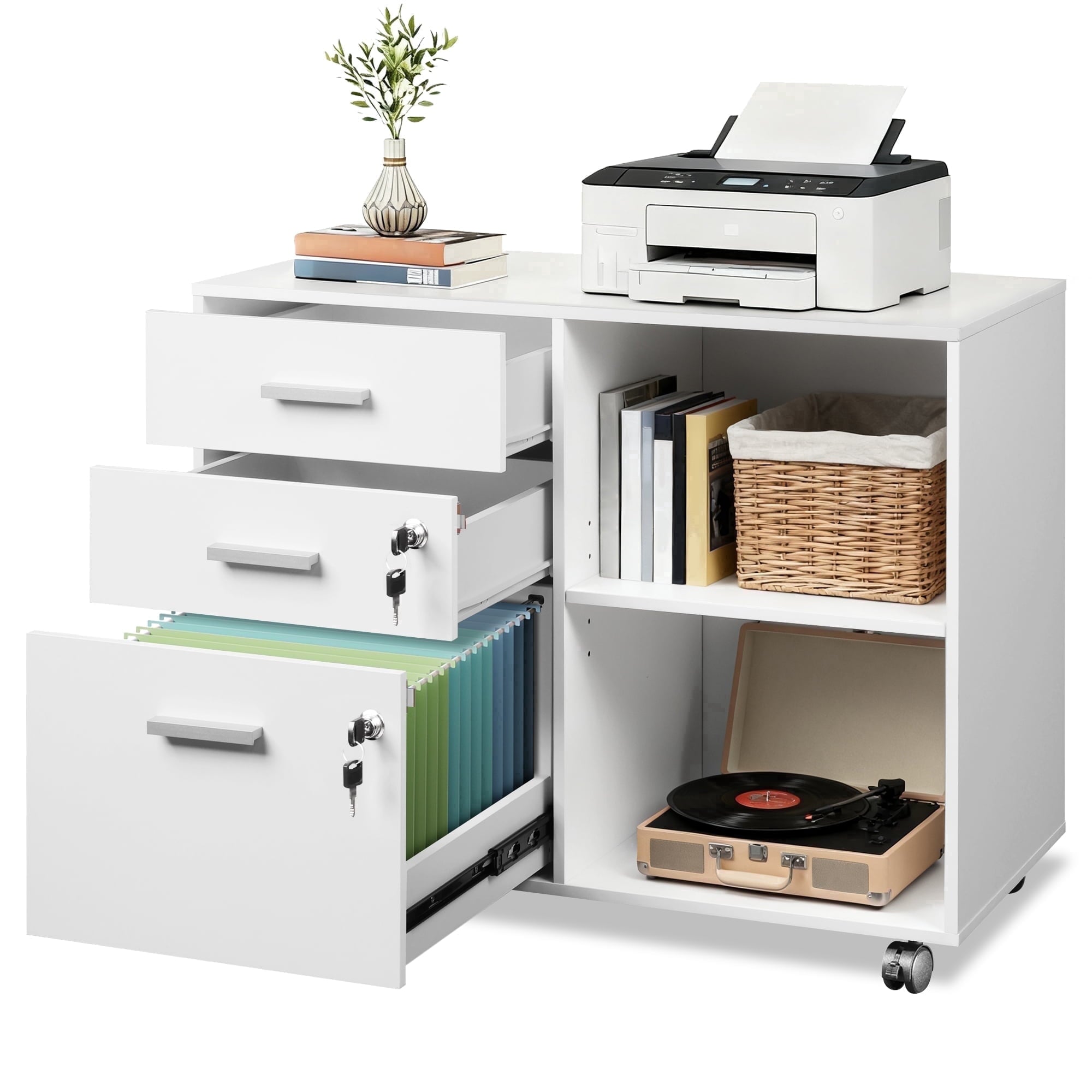 GALAXHERO 3-Drawer File Cabinet with Lock and Key, Mobile Wood Lateral Filing Cabinet & Printer Stand with Open Shelves for Home Office