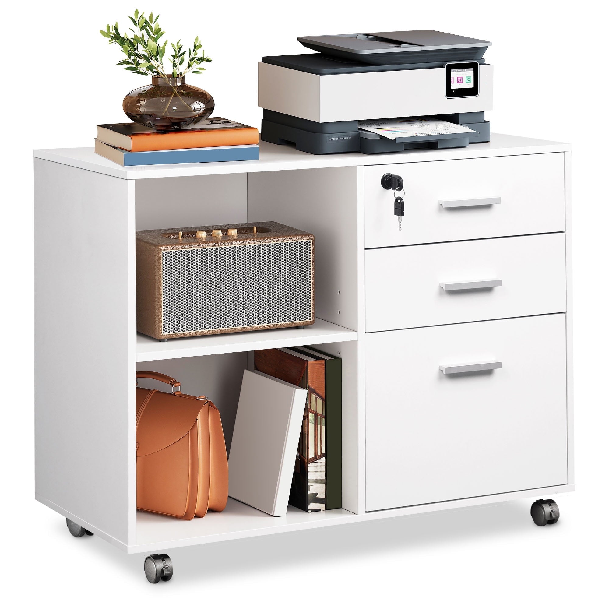 GALAXHERO 3-Drawer Locking File Cabinet, Mobile Lateral Filing Cabinet, Printer Stand with Open Storage Shelves for Home Office, Black
