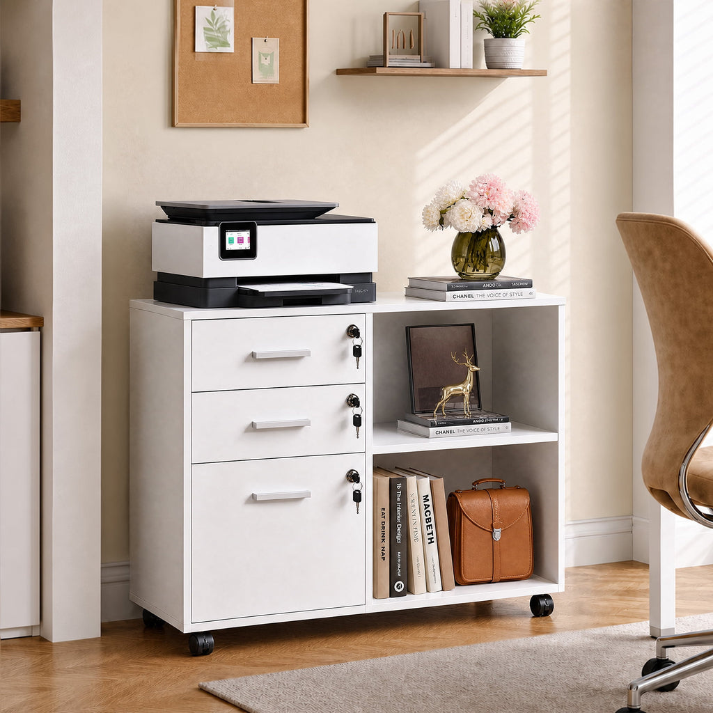 GALAXHERO 3-Drawer File Cabinet with Lock and Key, Mobile Wood Lateral Filing Cabinet & Printer Stand with Open Shelves for Home Office