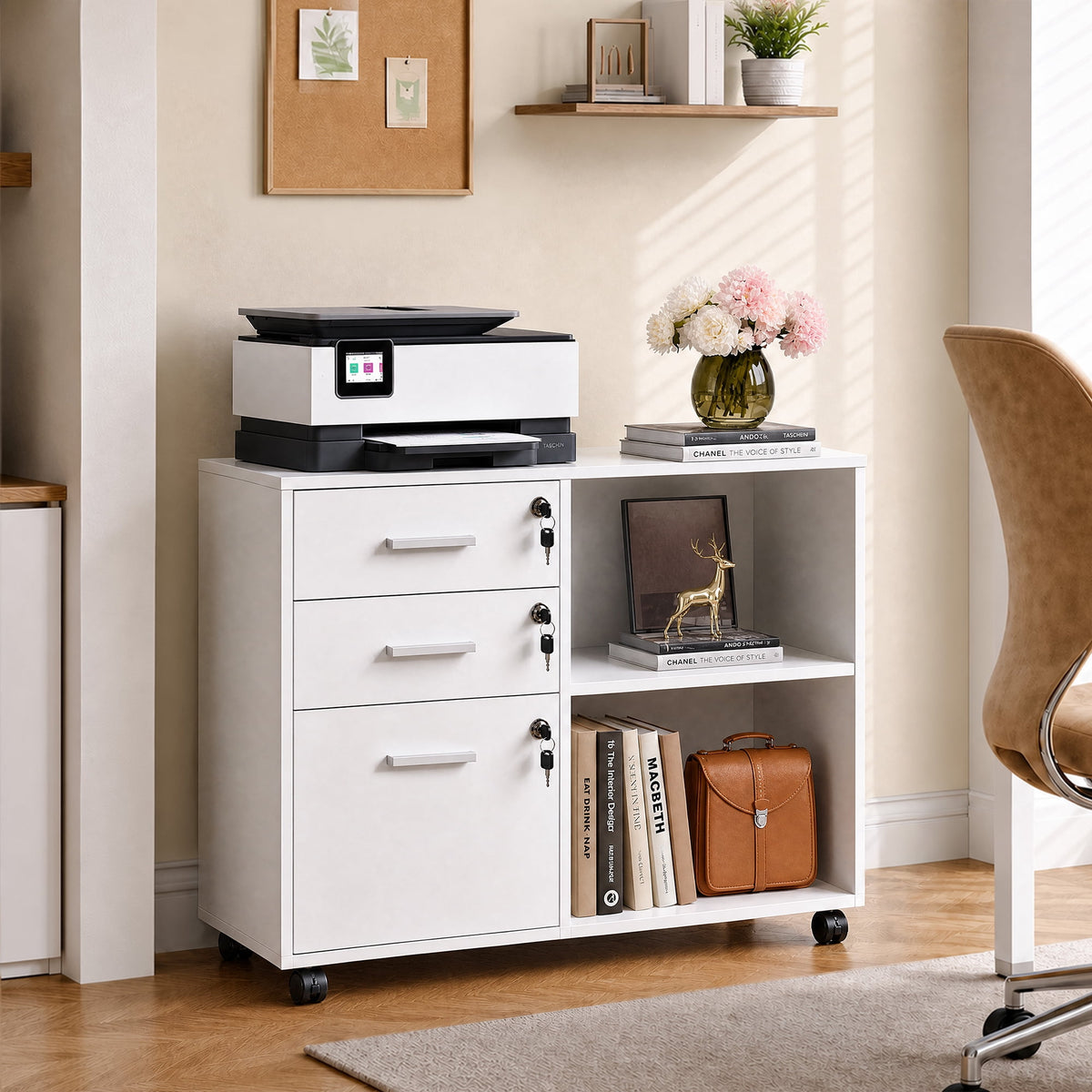 GALAXHERO 3-Drawer File Cabinet with Lock and Key, Mobile Wood Lateral Filing Cabinet & Printer Stand with Open Shelves for Home Office