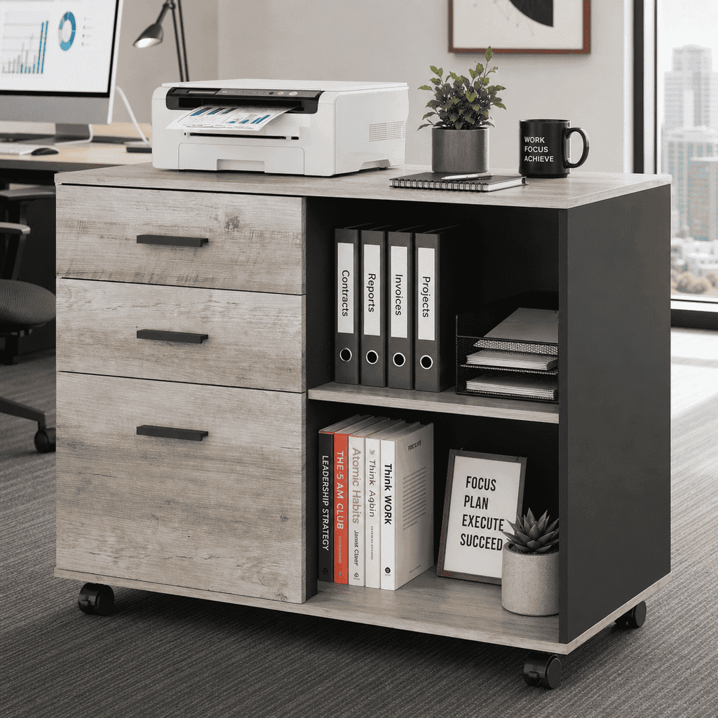 GALAXHERO 3-Drawer Filing Cabinet, Mobile Lateral File Cabinet, Printer Stand with Open Shelves, Wood Office Cabinet