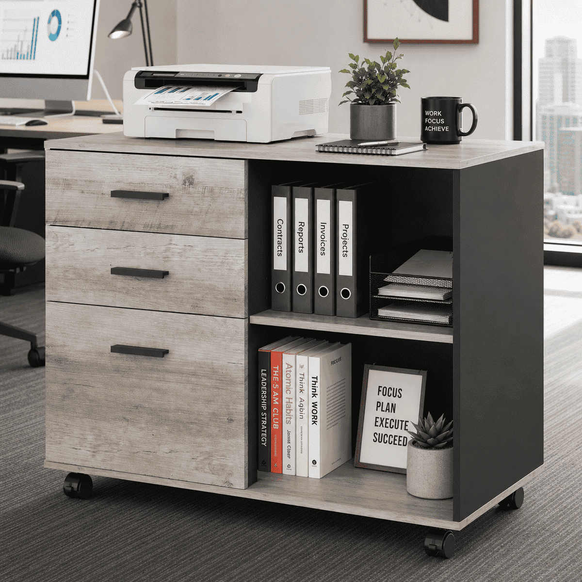 GALAXHERO 3-Drawer Filing Cabinet, Mobile Lateral File Cabinet, Printer Stand with Open Shelves, Wood Office Cabinet