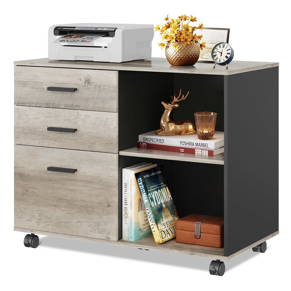 GALAXHERO 3-Drawer Wood Mobile File Cabinet, Lateral Filing Cabinet with Printer Stand and Open Storage Shelves for Home Office, Rustic Brown