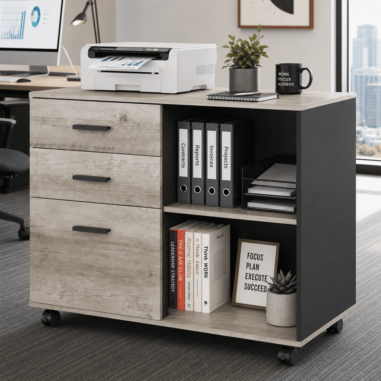 GALAXHERO 3-Drawer Filing Cabinet, Mobile Lateral File Cabinet, Printer Stand with Open Shelves, Wood Office Cabinet