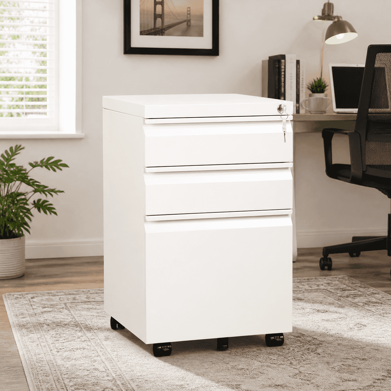 GALAXHERO 3 Drawer Metal File Cabinet with Lock, Mobile Printer Cabinet & Small Under Desk Filing Cabinet for Home Office, Fits Legal/Letter/A4