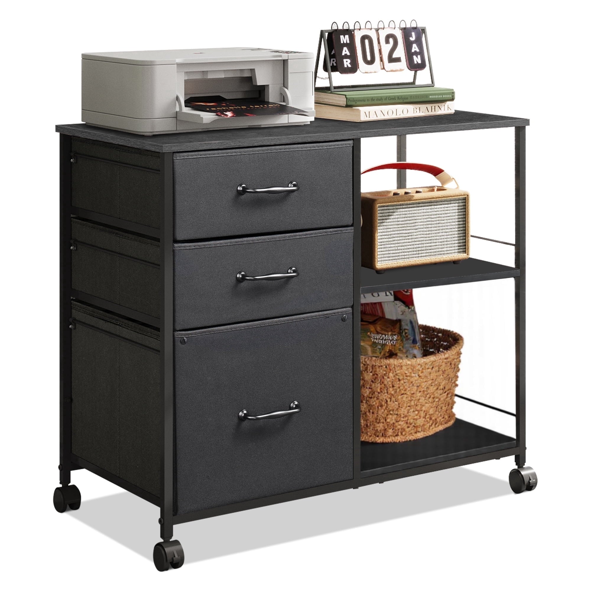 GALAXHERO 3-Drawer Mobile File Cabinet with Storage Shelf, Rolling Fabric Filing Cabinet and Printer Stand