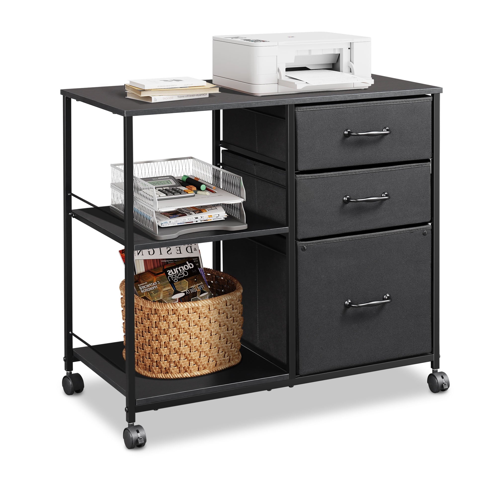 GALAXHERO 3-Drawer Mobile File Cabinet with Storage Shelf, Rolling Fabric Filing Cabinet and Printer Stand, Black