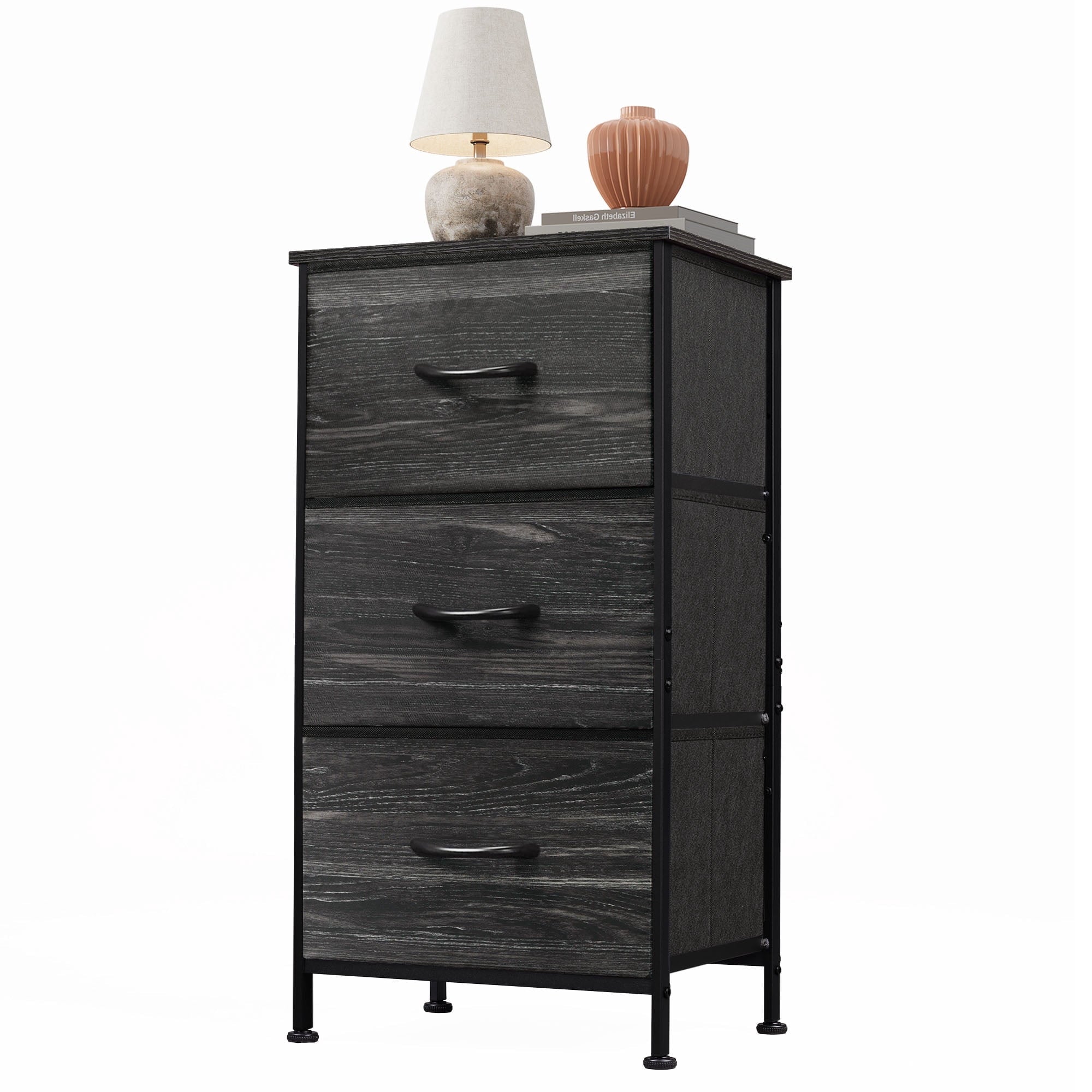 GALAXHERO 3 Drawer Nightstand, Fabric Storage Dresser Sturdy Steel Frame with Wood Top