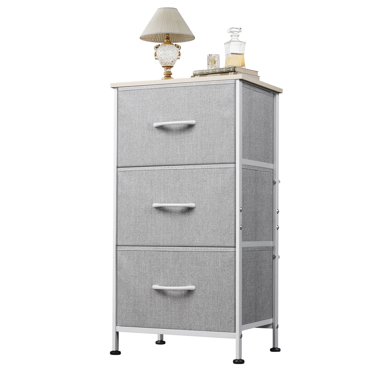 GALAXHERO 3 Drawer Nightstand, Fabric Storage Dresser Sturdy Steel Frame with Wood Top