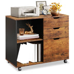 GALAXHERO 3-Drawer Wood File Cabinet, Mobile Lateral Filing Cabinet with Open Storage Shelves, Printer Stand for Home Office Organization, Rustic Brown