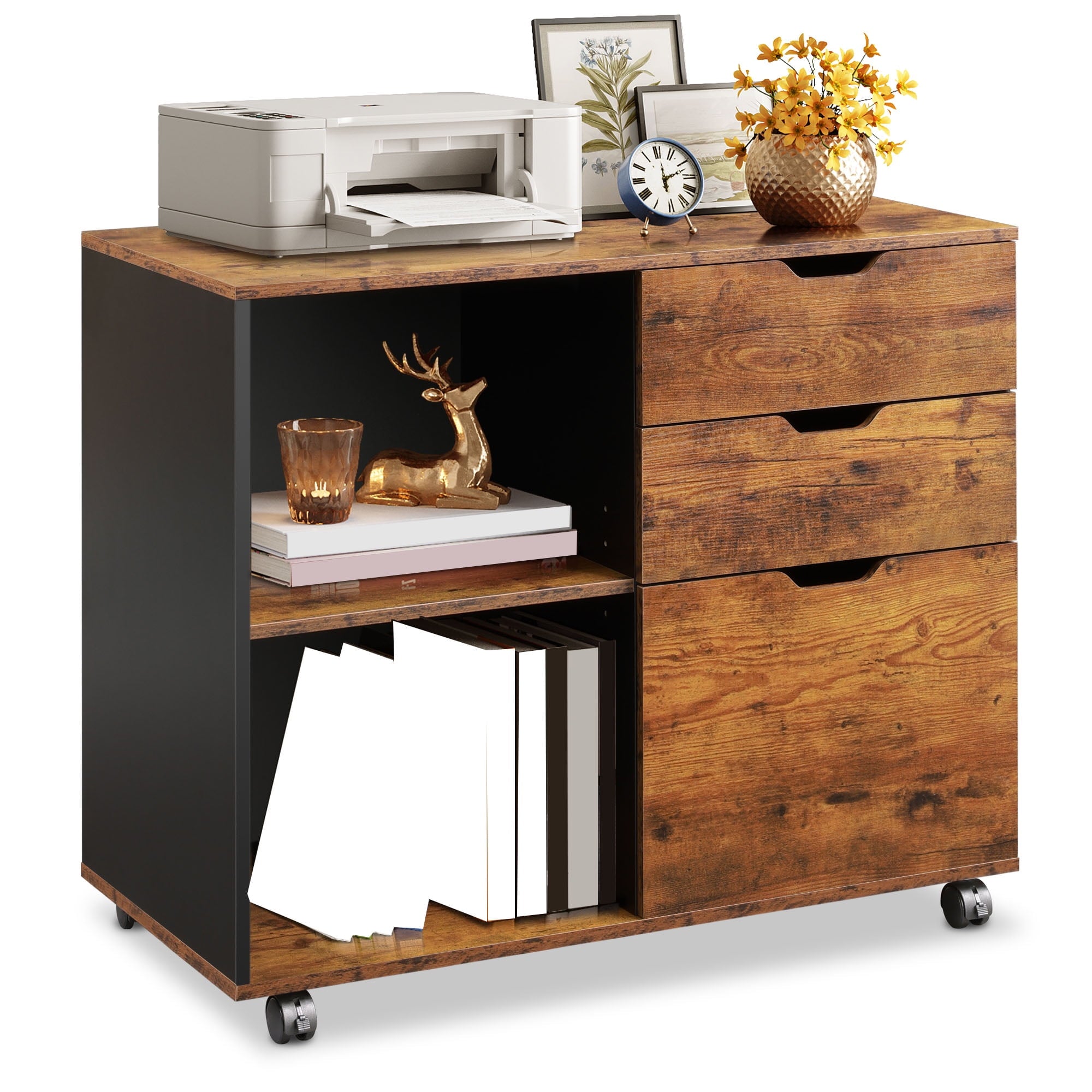 GALAXHERO 3-Drawer Wood File Cabinet, Mobile Lateral Filing Cabinet with Open Storage Shelves, Printer Stand for Home Office Organization, Rustic Brown