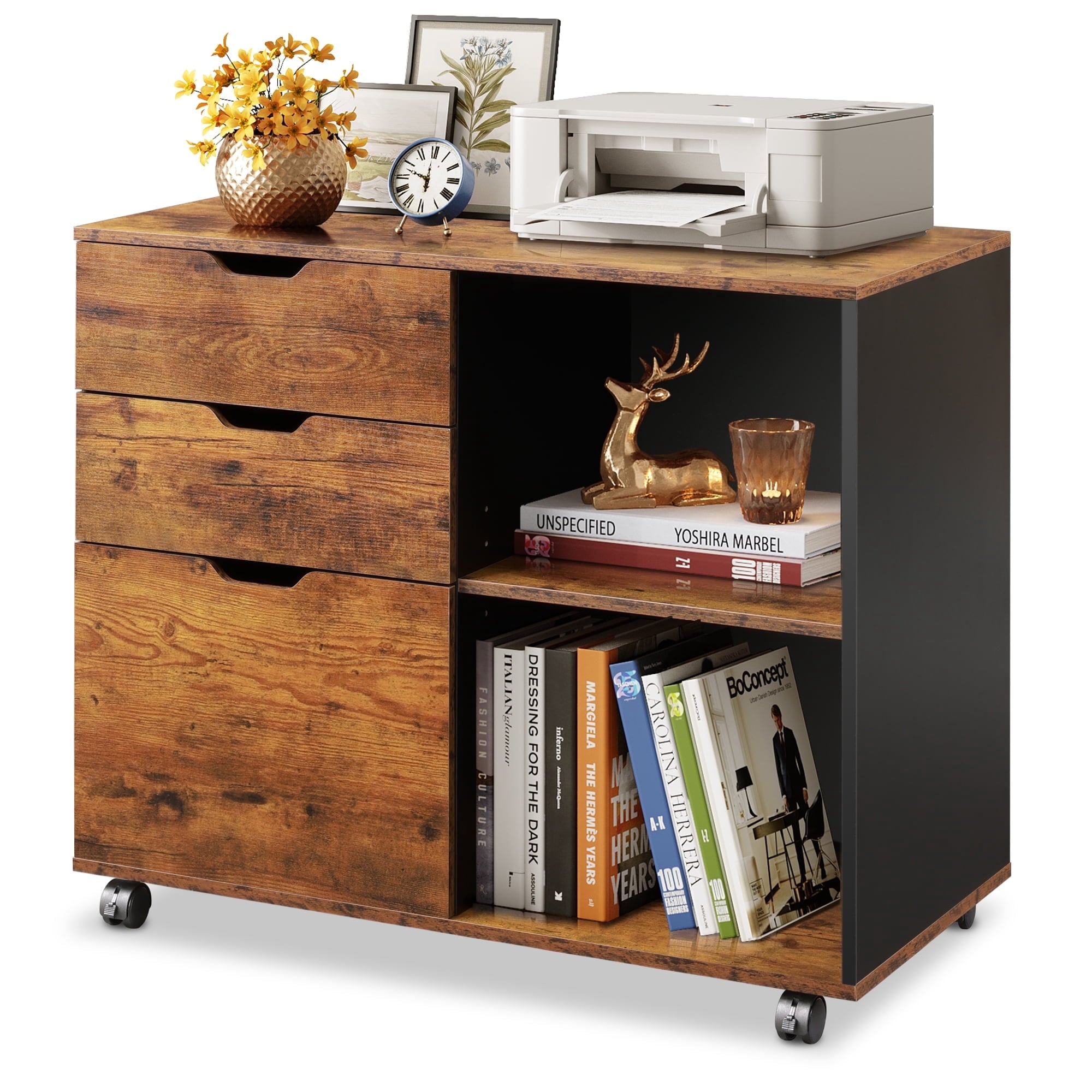 GALAXHERO 3-Drawer Wood File Cabinet, Mobile Lateral Filing Cabinet with Open Storage Shelves, Printer Stand for Home Office Organization
