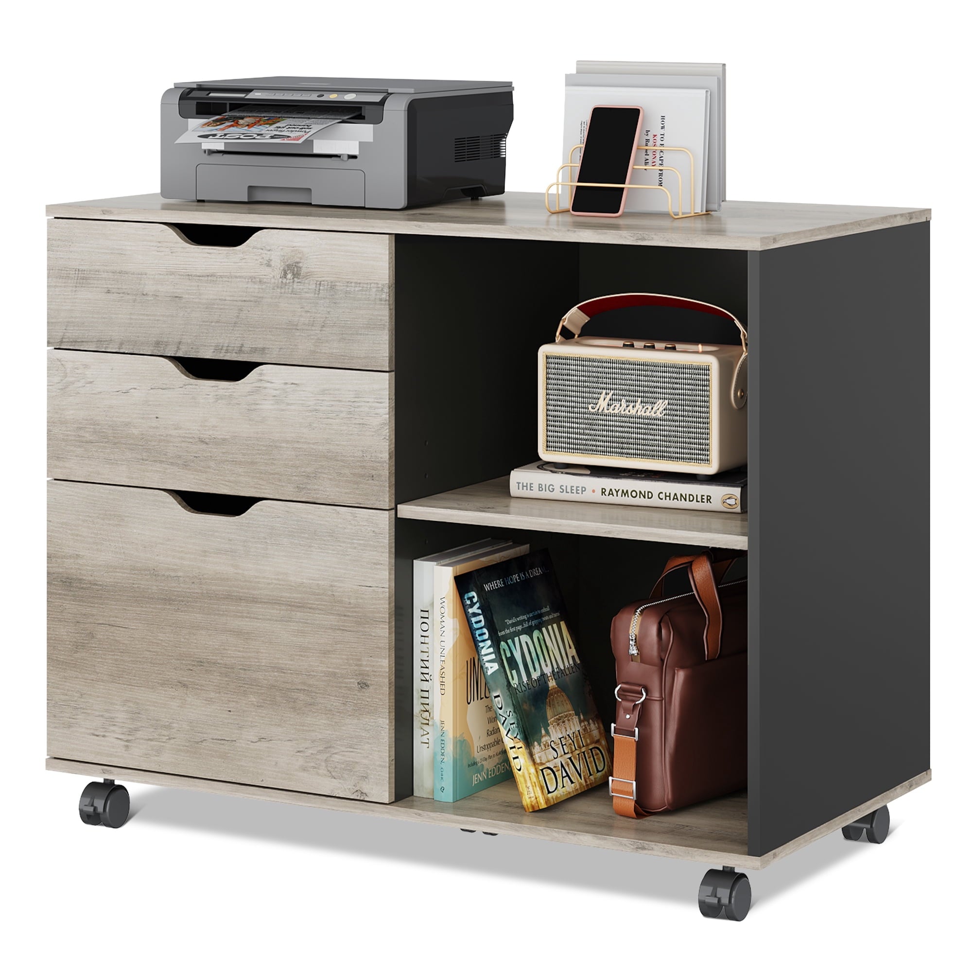GALAXHERO 3-Drawer Wood File Cabinet, Mobile Lateral Filing Cabinet with Open Storage Shelves, Printer Stand for Home Office Organization