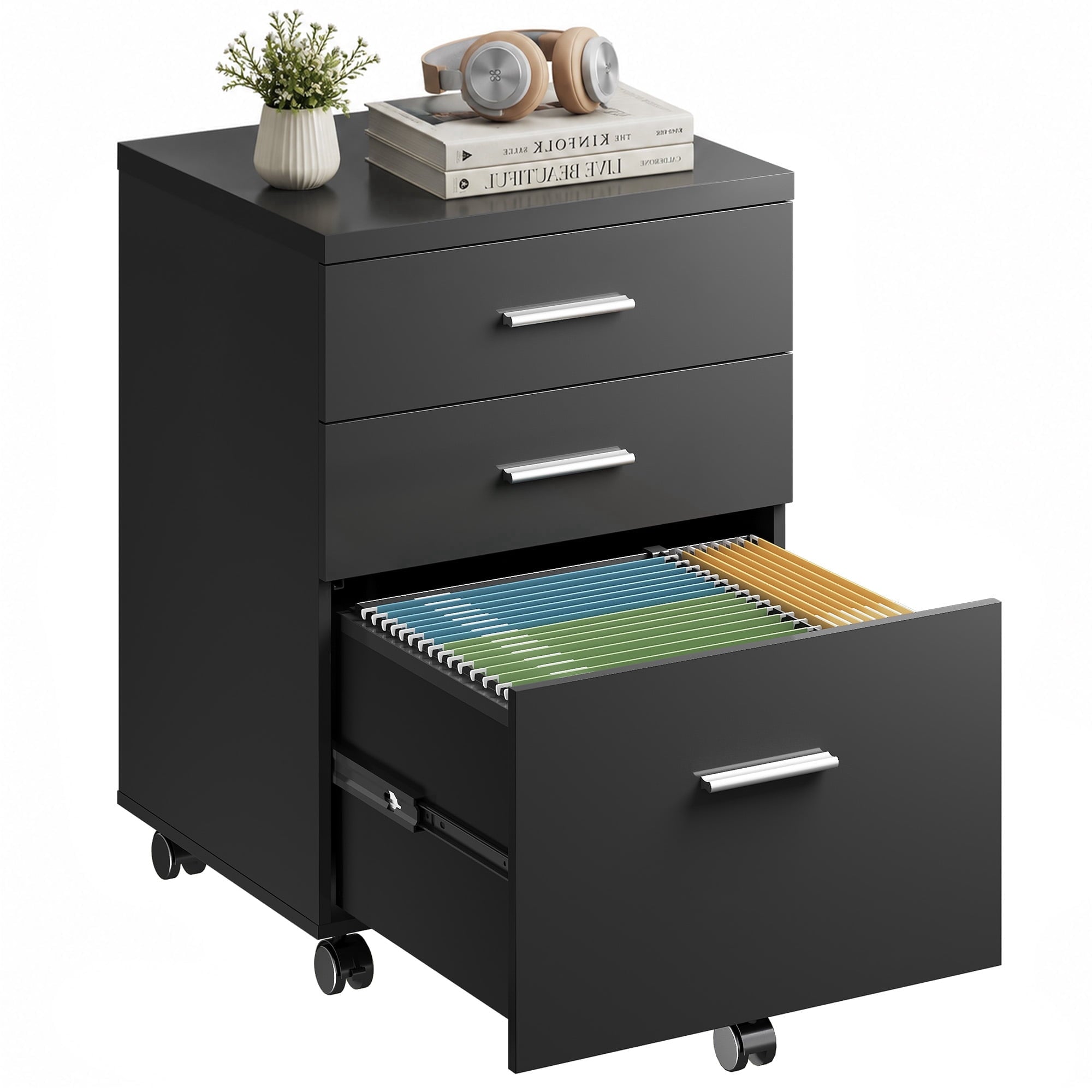 GALAXHERO 3 Drawer Storage Cabinet, Wood Rolling File Cabinet with Whells, Printer Stand Filing Cabinet for Home Office, Fit Letter/A4/Legal