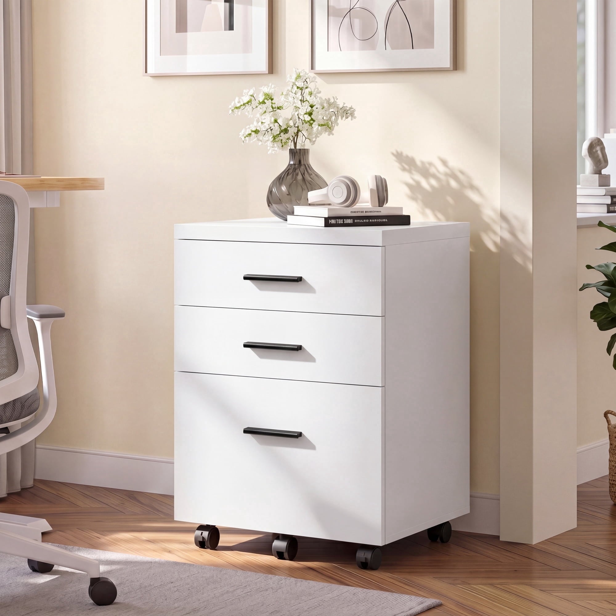 GALAXHERO 3 Drawer Storage Cabinet, Wood Rolling File Cabinet with Whells, Printer Stand Filing Cabinet for Home Office, Fit Letter/A4