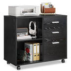 GALAXHERO 3-Drawer Wood Lateral Filing Cabinet, Mobile Printer Stand with Open Shelves for Home Office, Black