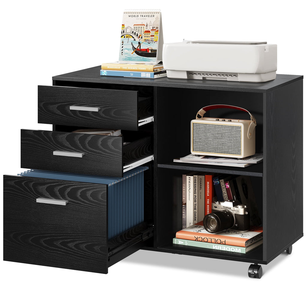 GALAXHERO 3-Drawer Wood File Cabinet, Mobile Lateral Filing Cabinet with Printer Stand and Open Shelves for Home Office