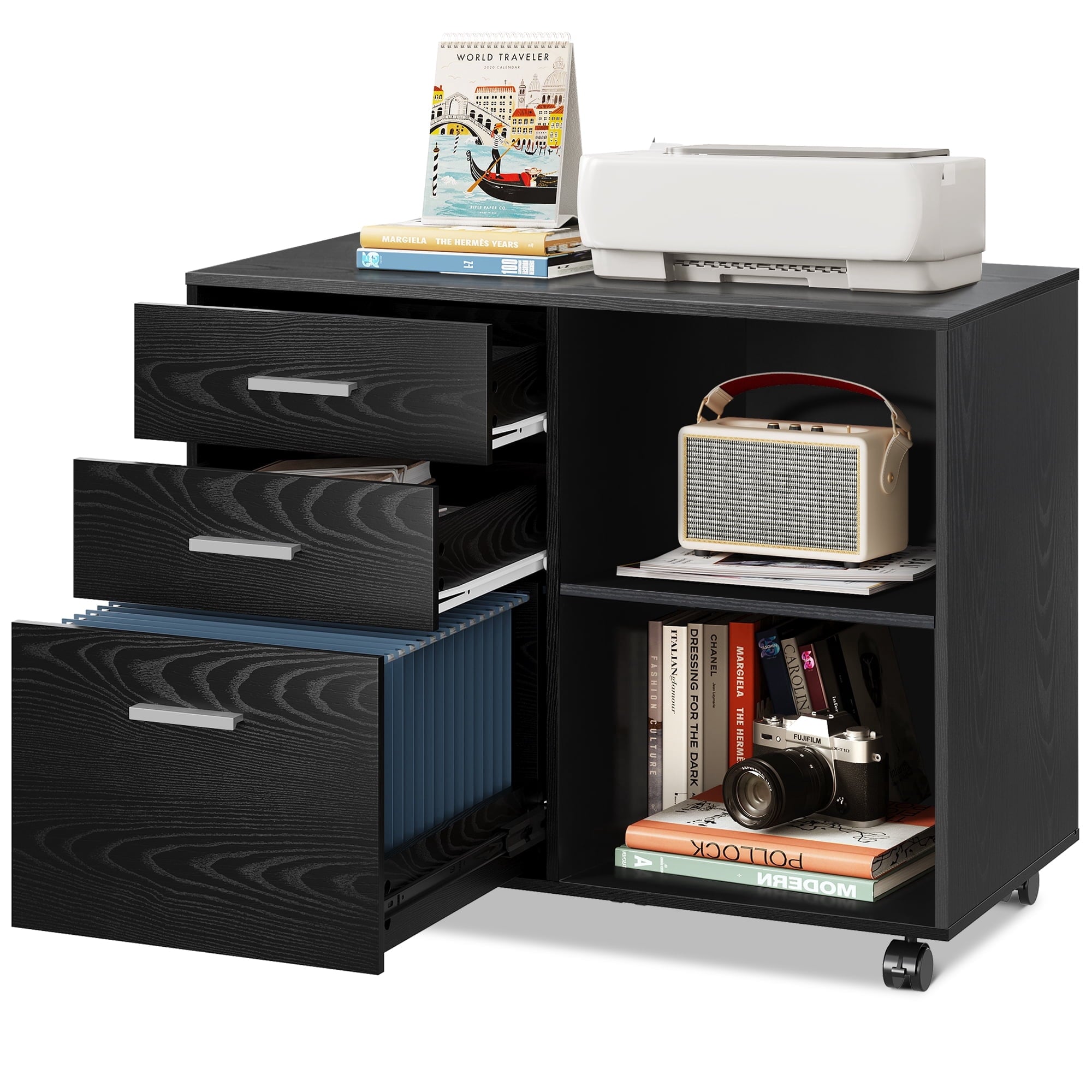 GALAXHERO 3-Drawer Wood File Cabinet, Mobile Lateral Filing Cabinet with Printer Stand and Open Shelves for Home Office
