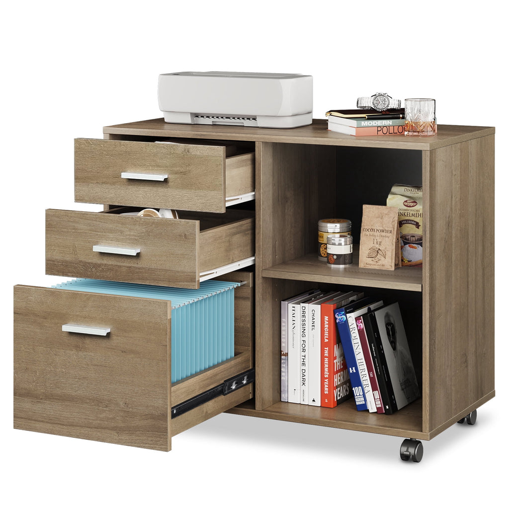 GALAXHERO 3-Drawer Wood File Cabinet, Mobile Lateral Filing Cabinet with Printer Stand and Open Shelves for Home Office