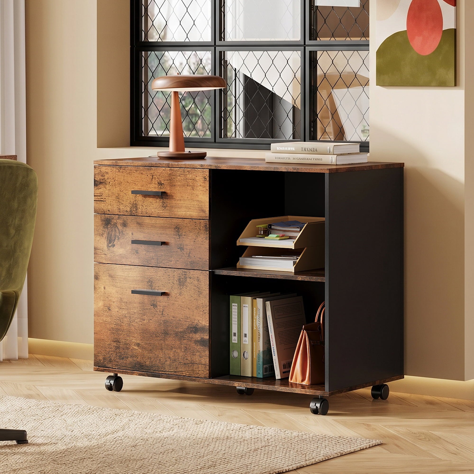 GALAXHERO 3-Drawer Filing Cabinet, Mobile Lateral File Cabinet, Printer Stand with Open Shelves, Wood Office Cabinet