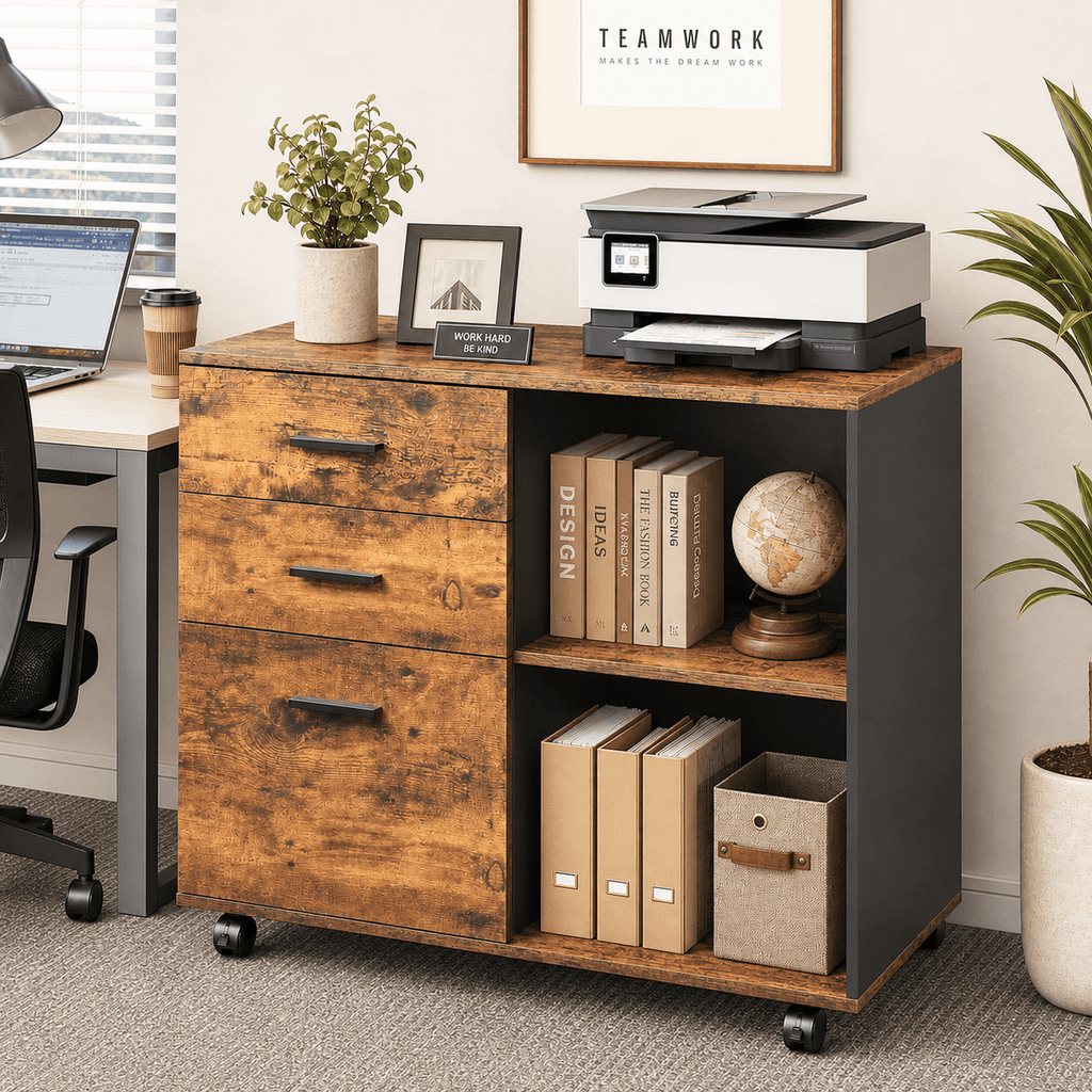 GALAXHERO 3-Drawer Filing Cabinet, Mobile Lateral File Cabinet, Printer Stand with Open Shelves, Wood Office Cabinet