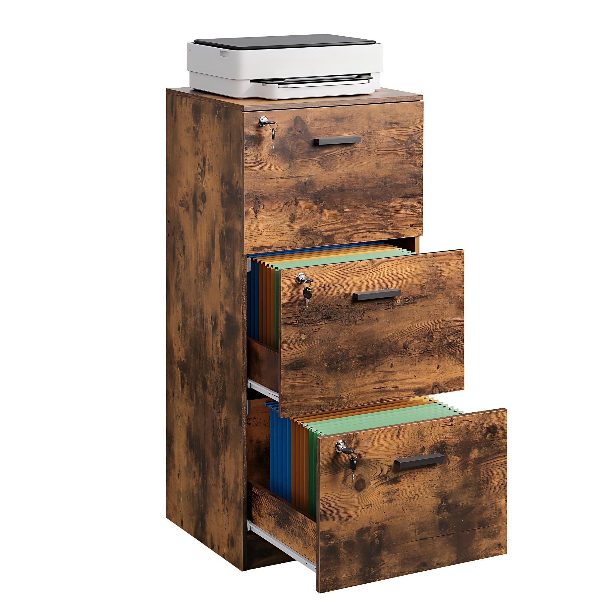 GALAXHERO 3 Drawers File Cabinets, Vertical Filing Cabinet with 3 Locks for Home Office, Wood Office Printer Stand for Letter/A4 Size