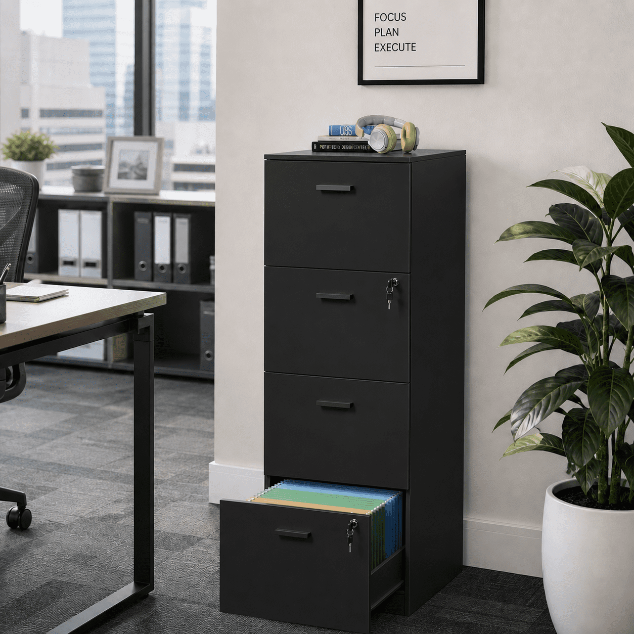 GALAXHERO 4 Drawer File Cabinet, Vertical Filing Cabinet with Lock and Key, Wood Storage Organizer for Home Office, Fit Letter/A4