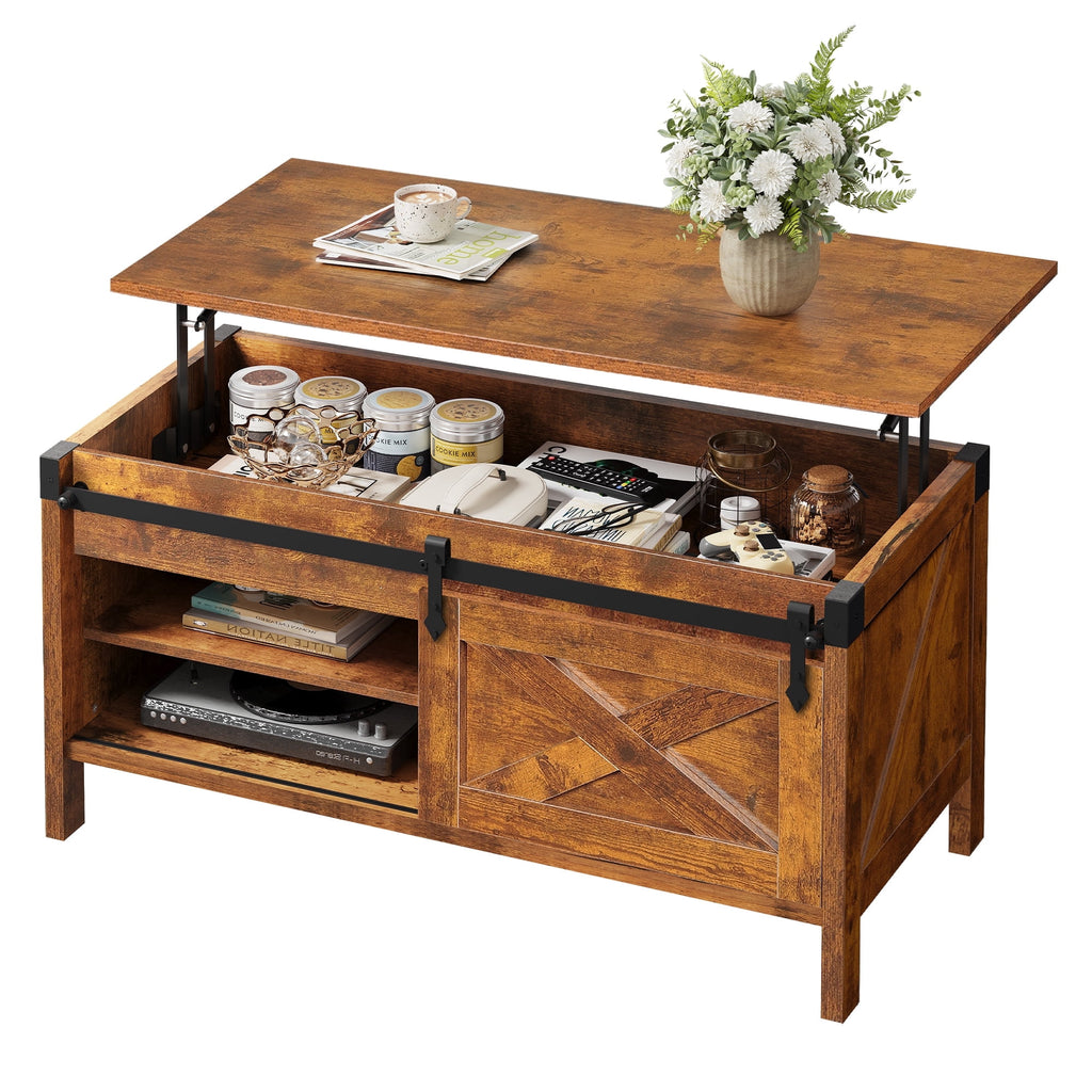 GALAXHERO 39.4" Farmhouse Large Coffee Table Lift Top Coffee Table with Hidden Storage Compartment Sliding Barn Doors Modern Wood Center Table for Living Room