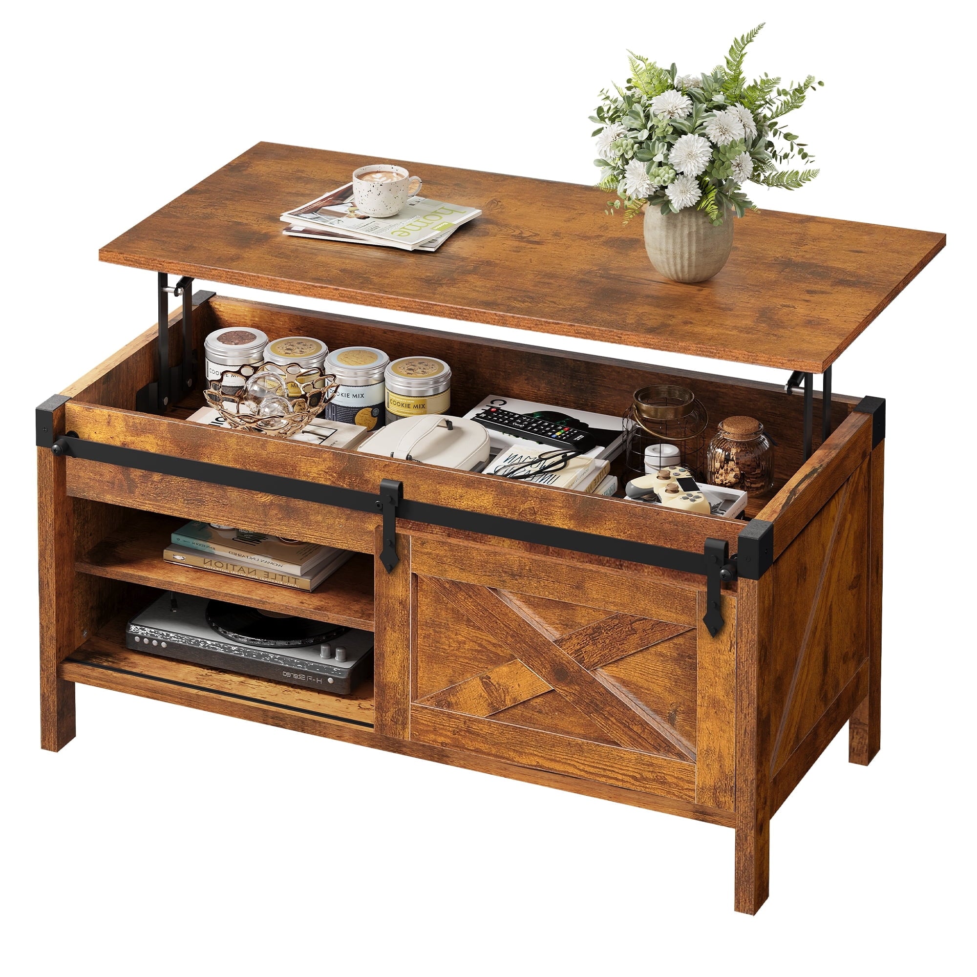 GALAXHERO 39.4" Farmhouse Large Coffee Table Lift Top Coffee Table with Hidden Storage Compartment Sliding Barn Doors Modern Wood Center Table for Living Room