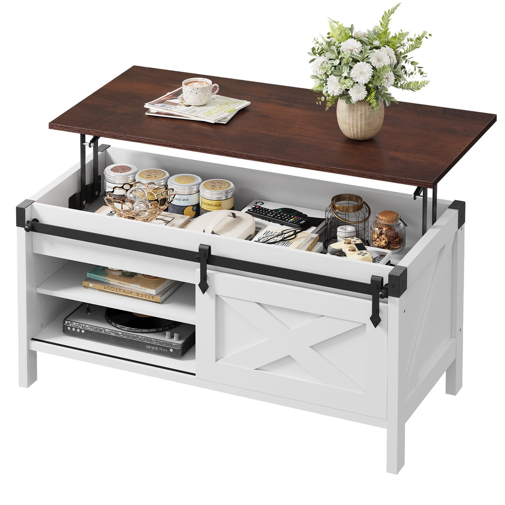 GALAXHERO 39.4" Farmhouse Large Coffee Table Lift Top Coffee Table with Hidden Storage Compartment Sliding Barn Doors Modern Wood Center Table for Living Room