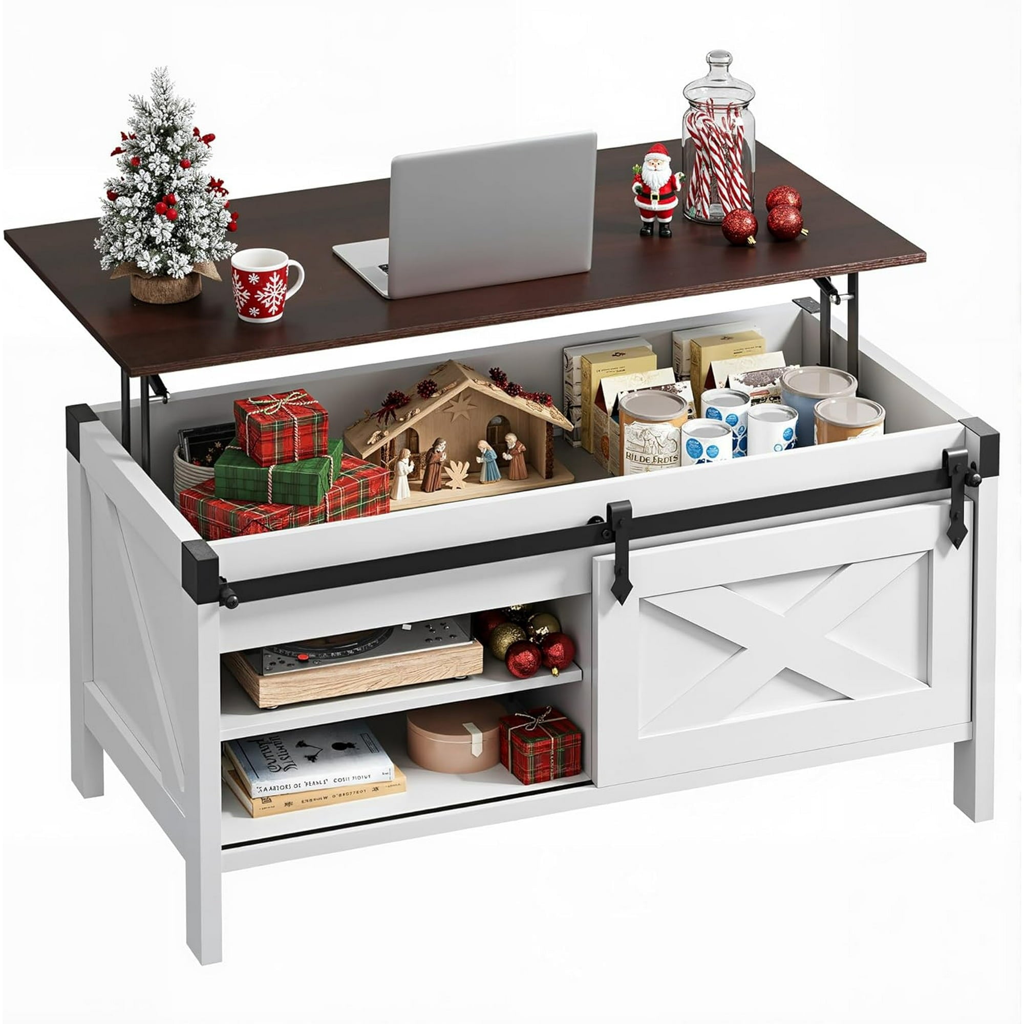 GALAXHERO 39.4" Farmhouse Coffee Table Lift Top Coffee Table with Large Hidden Storage Compartment Sliding Barn Doors Modern Wood Center Table for Living Room