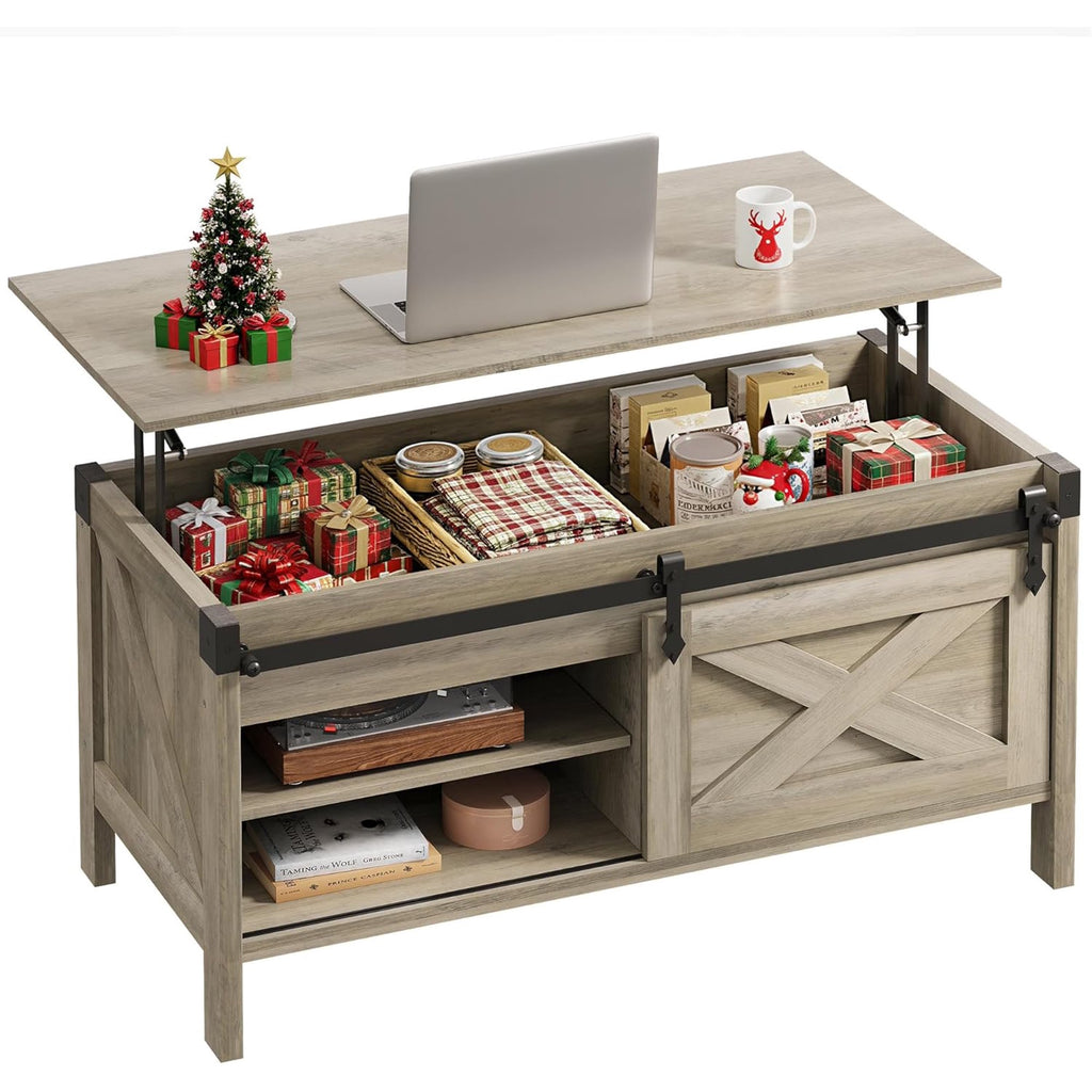 GALAXHERO 39.4" Farmhouse Coffee Table Lift Top Coffee Table with Large Hidden Storage Compartment Sliding Barn Doors Modern Wood Center Table for Living Room