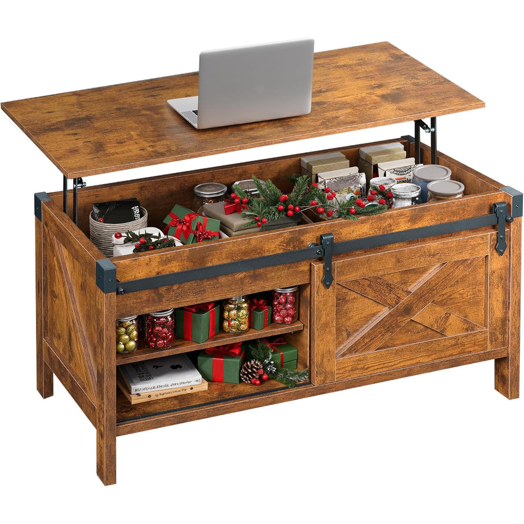 GALAXHERO 39.4" Farmhouse Coffee Table Lift Top Coffee Table with Large Hidden Storage Compartment Sliding Barn Doors Modern Wood Center Table for Living Room