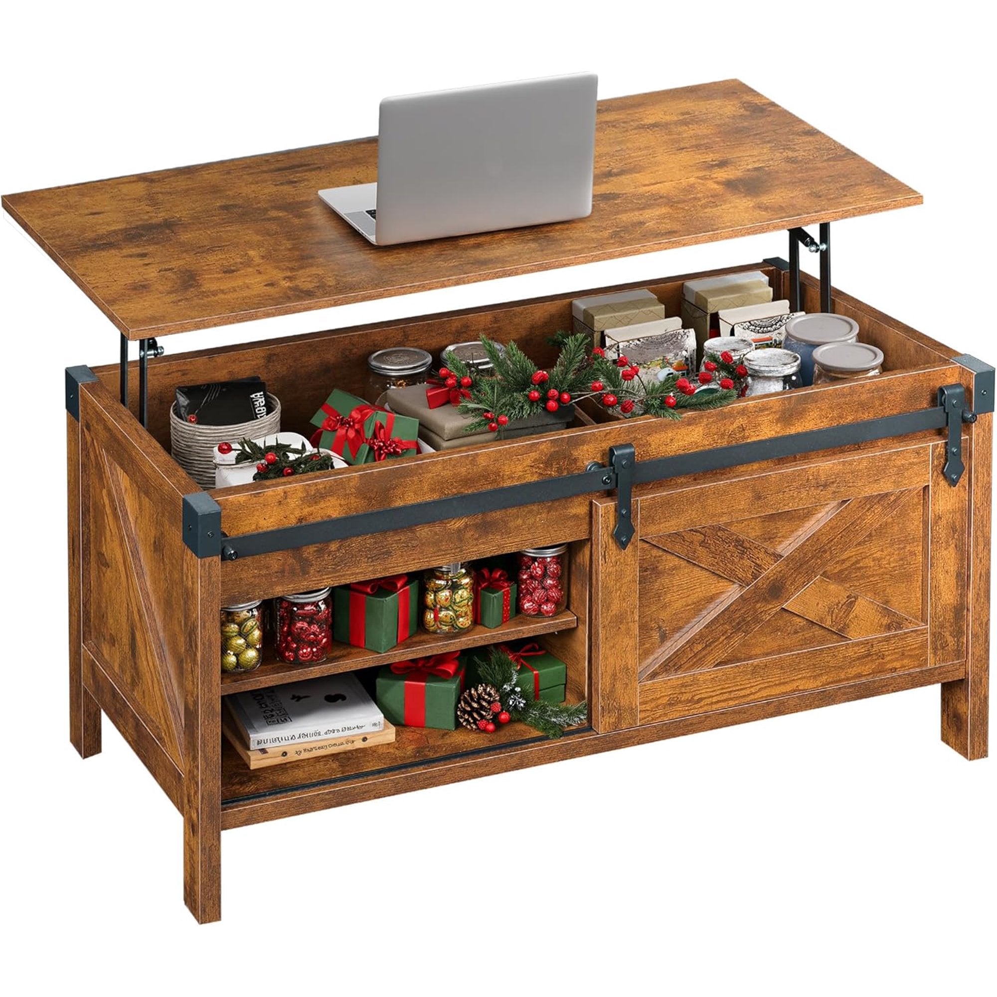 GALAXHERO 39.4" Farmhouse Coffee Table Lift Top Coffee Table with Large Hidden Storage Compartment Sliding Barn Doors Modern Wood Center Table for Living Room
